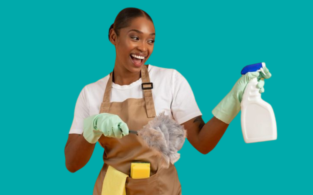 Friendly Nine Zero cleaner with cleaning supplies, highlighting the importance of commercial cleaning in Lebanon.